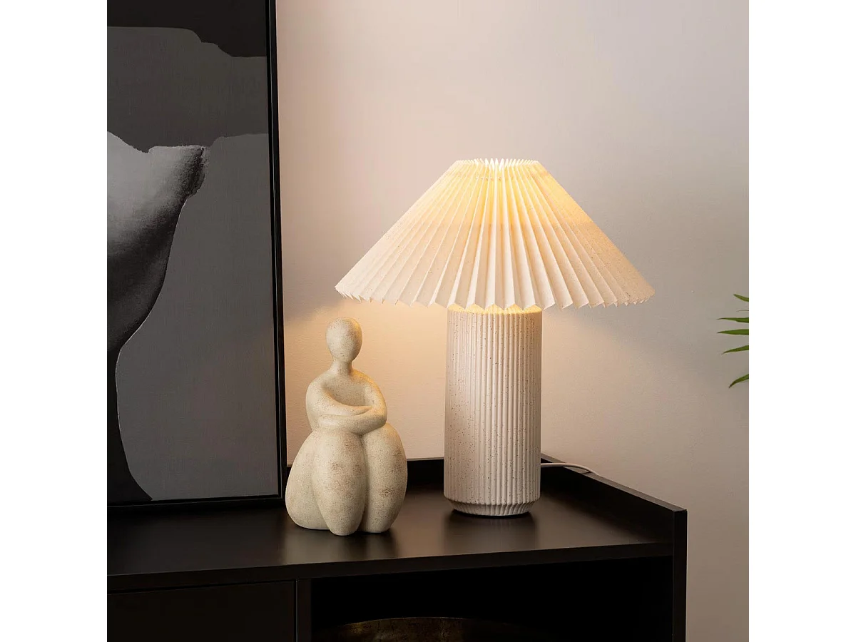 Lampe à poser en porcelaine Beige moucheté et abat-jour en Tetron coton H 38 cm