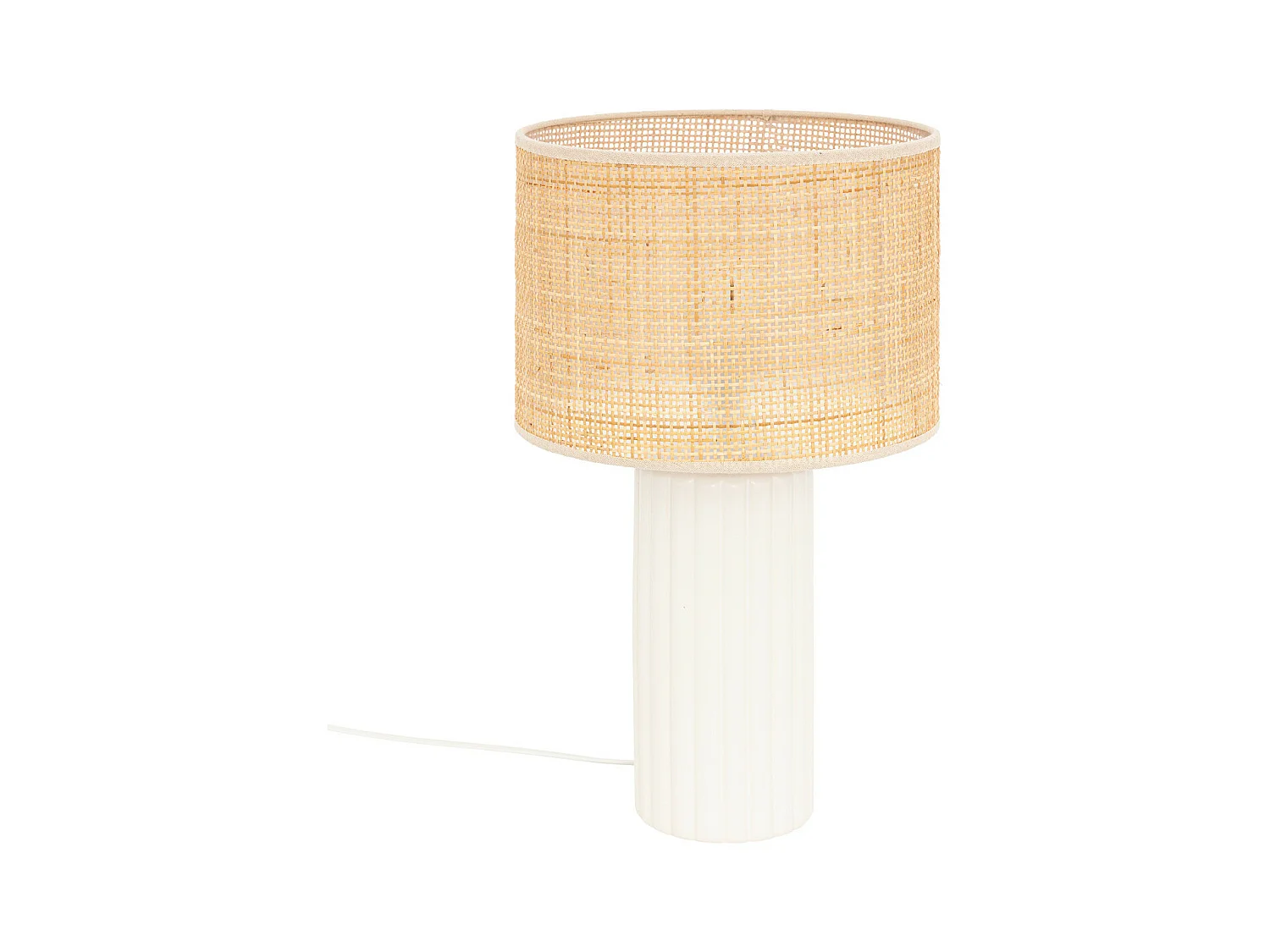 Lampe à poser en céramique Blanche et abat-jour en Rotin H 47 cm