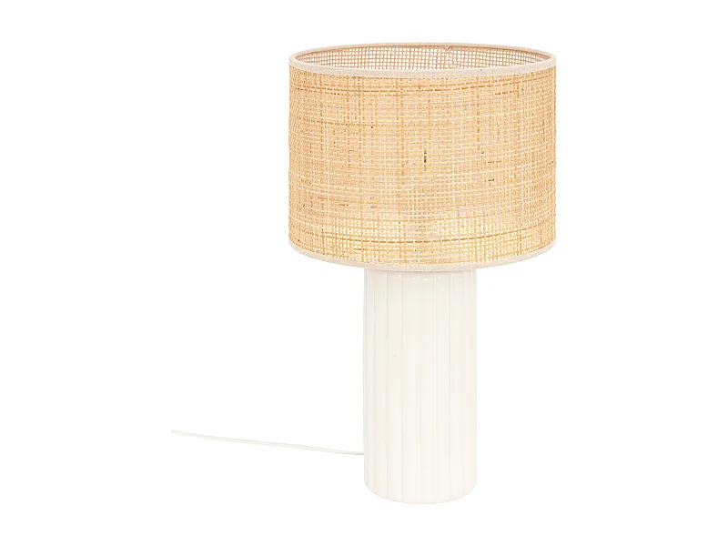 Lampe à poser en céramique Blanche et abat-jour en Rotin H 47 cm