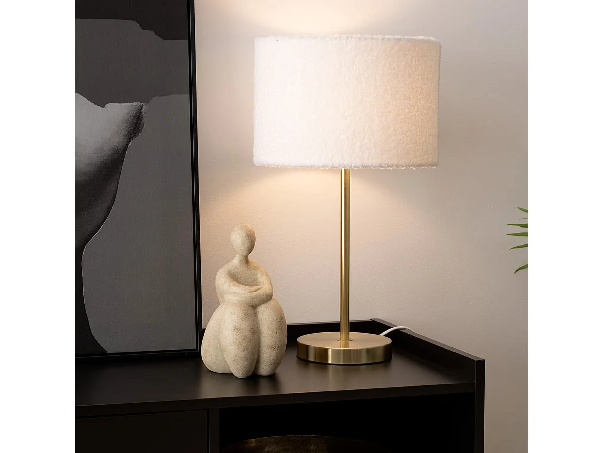 Lampe à poser en métal Doré et abat-jour en Bouclettes Blanches H 49 cm