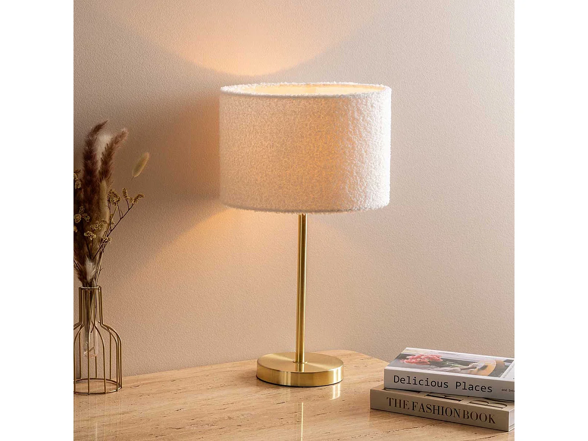 Lampe à poser en métal Doré et abat-jour en Bouclettes Blanches H 49 cm