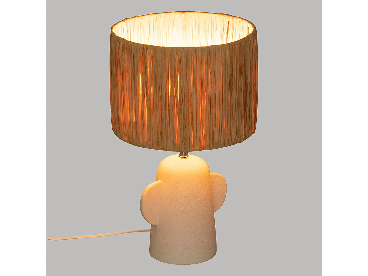 Lampe à poser en céramique Blanche et abat-jour en Raphia H 42 cm