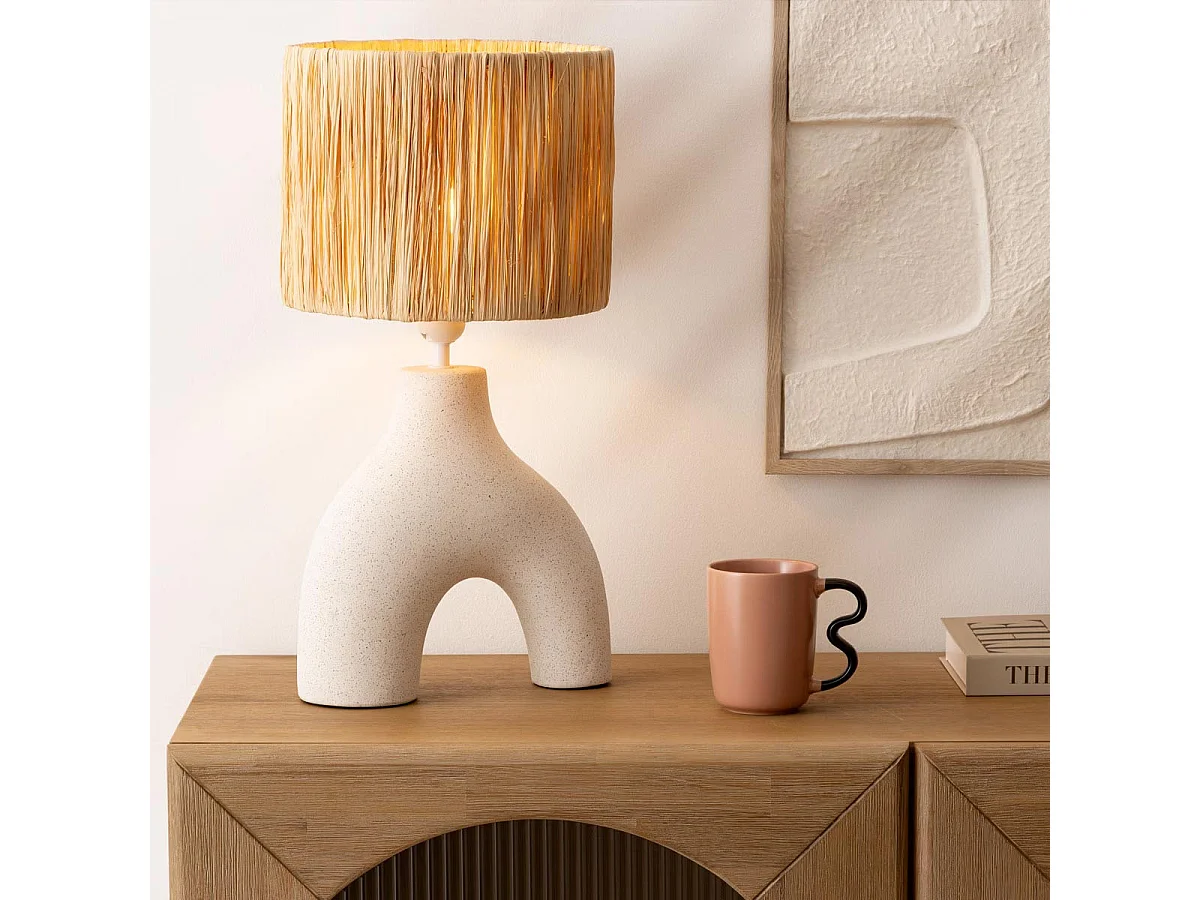 Lampe à poser en Céramique Blanc moucheté et abat-jour Beige H 47cm