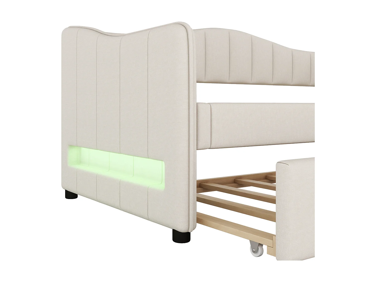 Lit banquette 90x200cm avec LED + lit gigogne 90x190cm - rembourré en tissu lin - Beige (matelas non inclus)