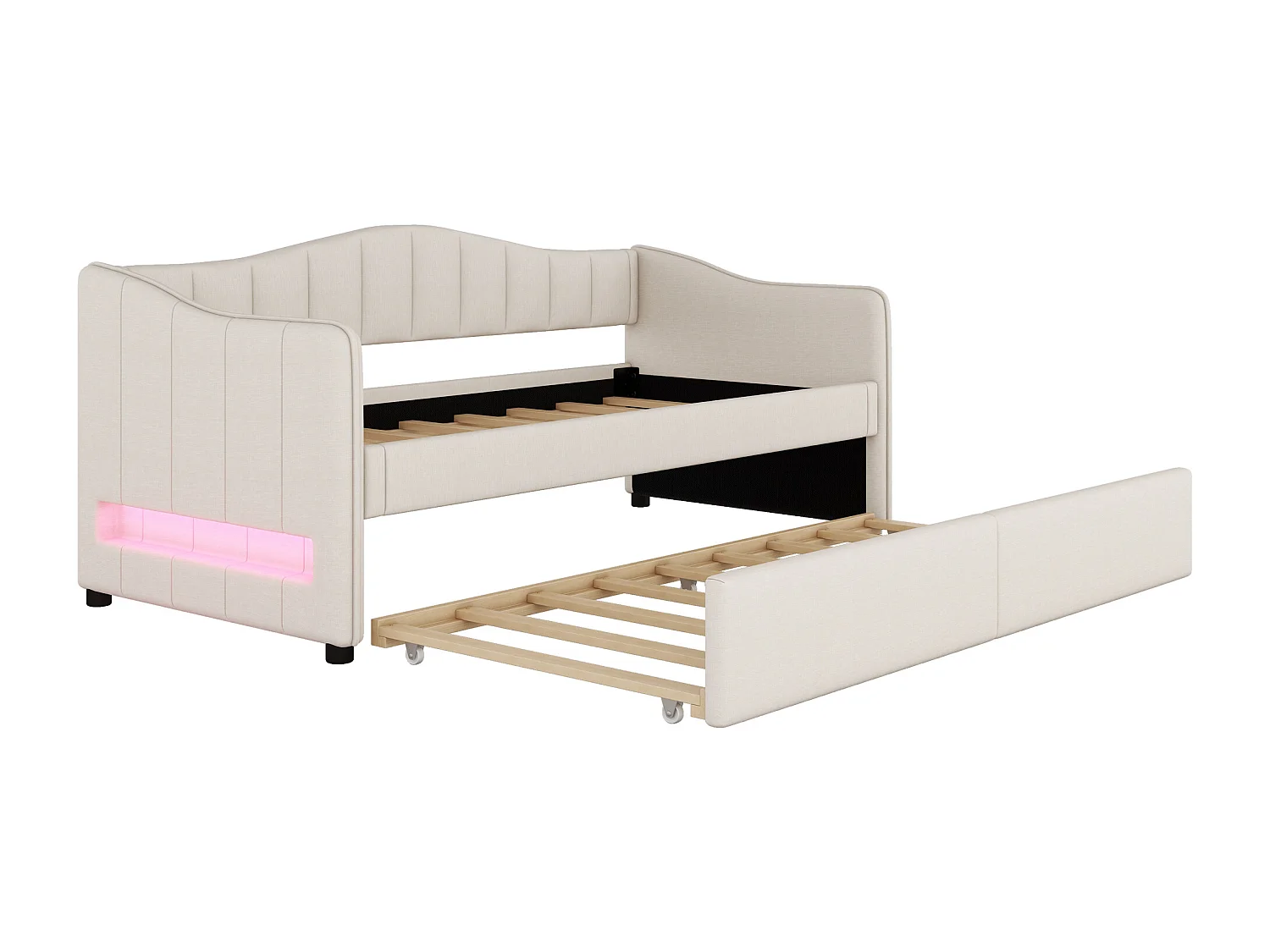 Lit banquette 90x200cm avec LED + lit gigogne 90x190cm - rembourré en tissu lin - Beige (matelas non inclus)