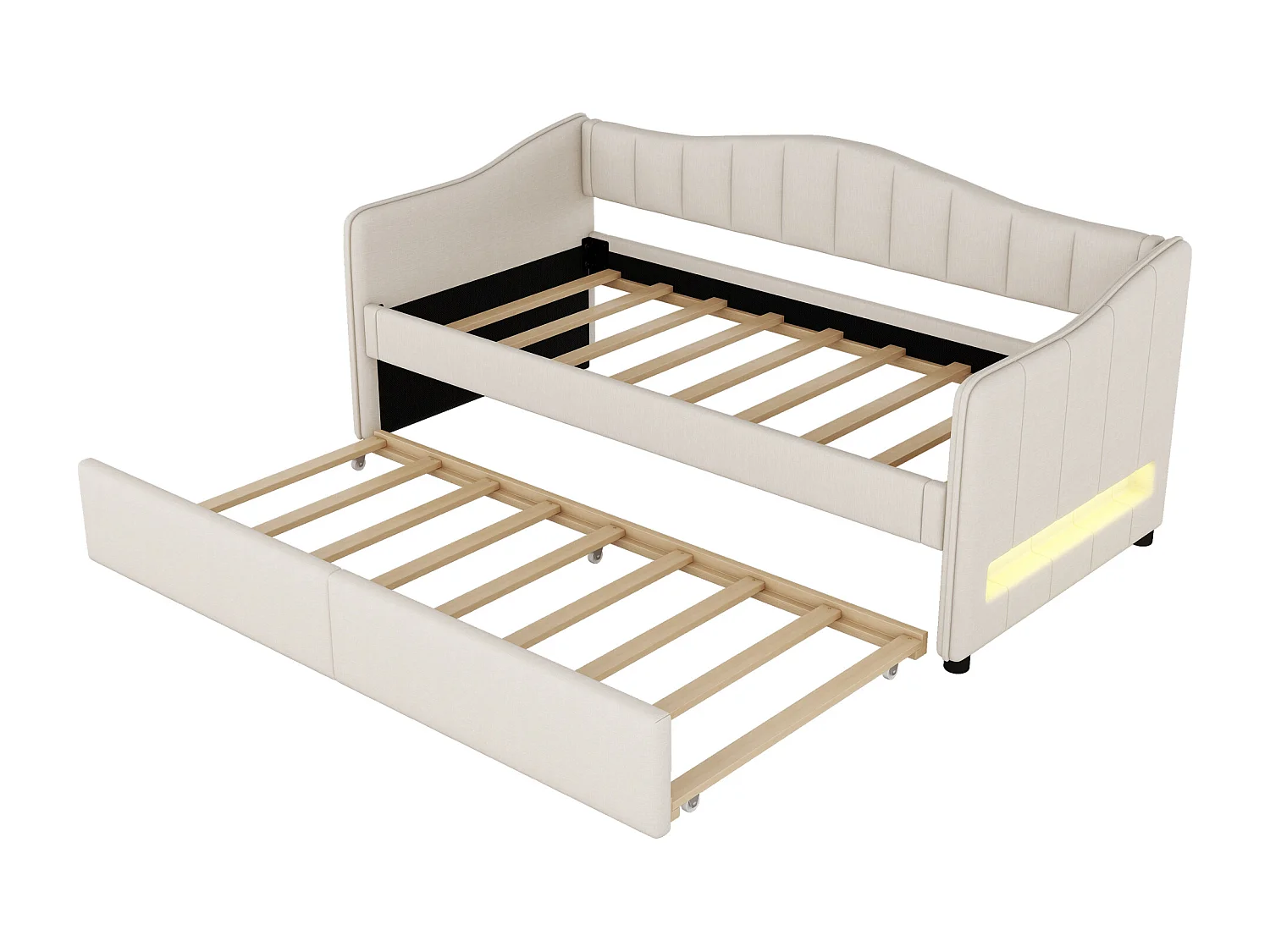Lit banquette 90x200cm avec LED + lit gigogne 90x190cm - rembourré en tissu lin - Beige (matelas non inclus)