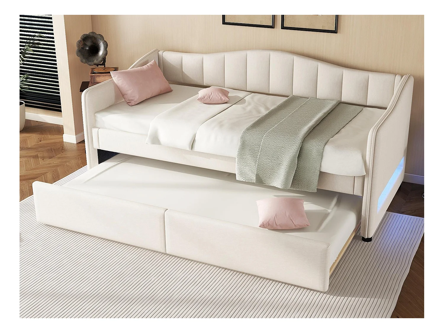 Lit banquette 90x200cm avec LED + lit gigogne 90x190cm - rembourré en tissu lin - Beige (matelas non inclus)