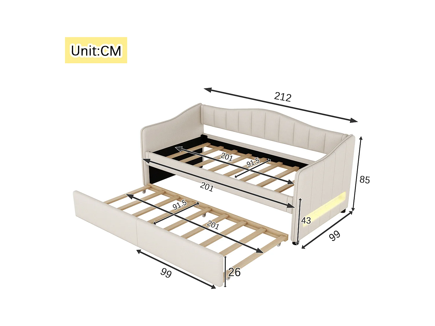 90x200cm bedbank met LED + 90x190cm onderschuifbed - bekleed met linnenstof - Beige (matras niet inbegrepen)