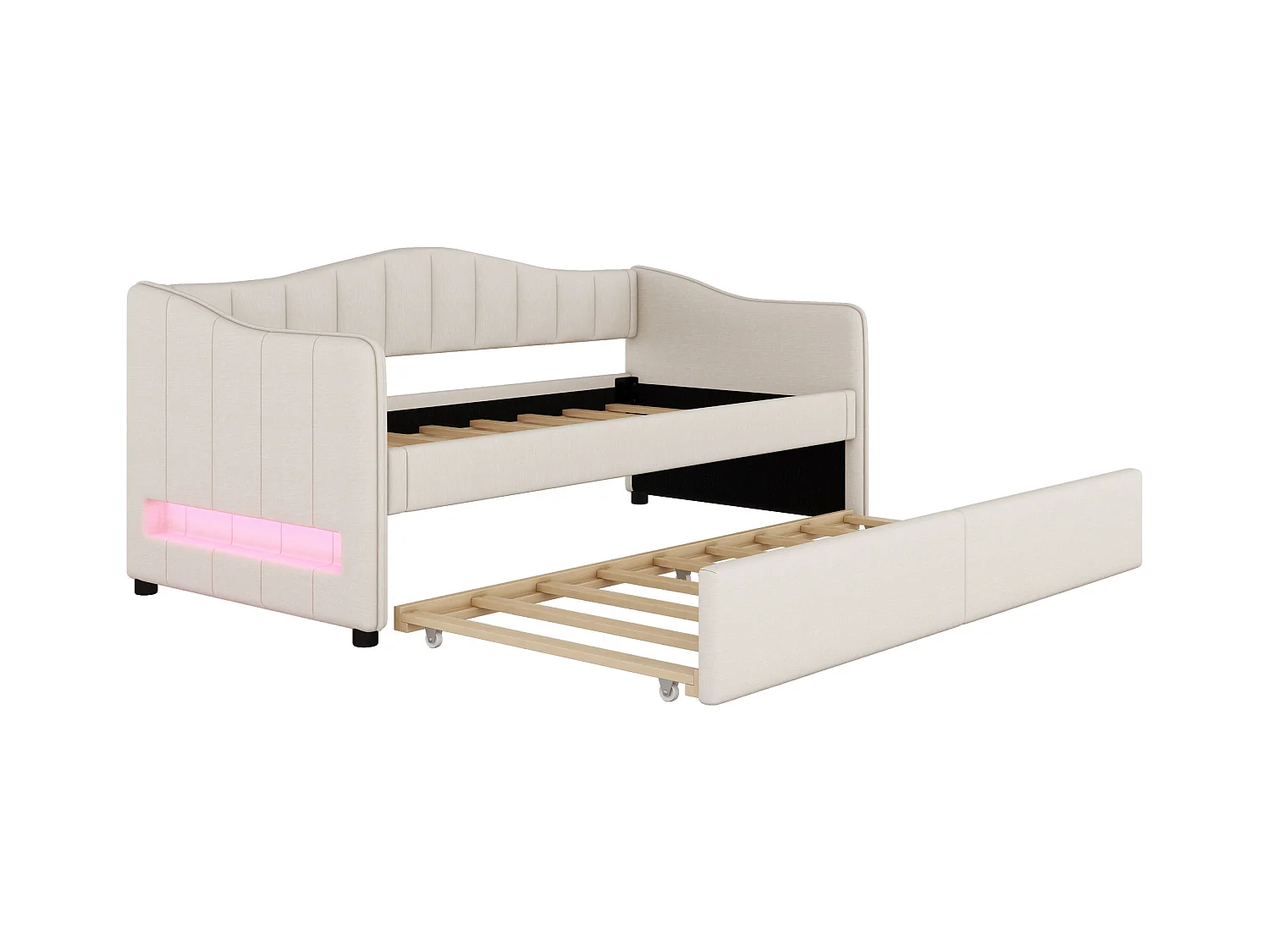 90x200cm bedbank met LED + 90x190cm onderschuifbed - bekleed met linnenstof - Beige (matras niet inbegrepen)