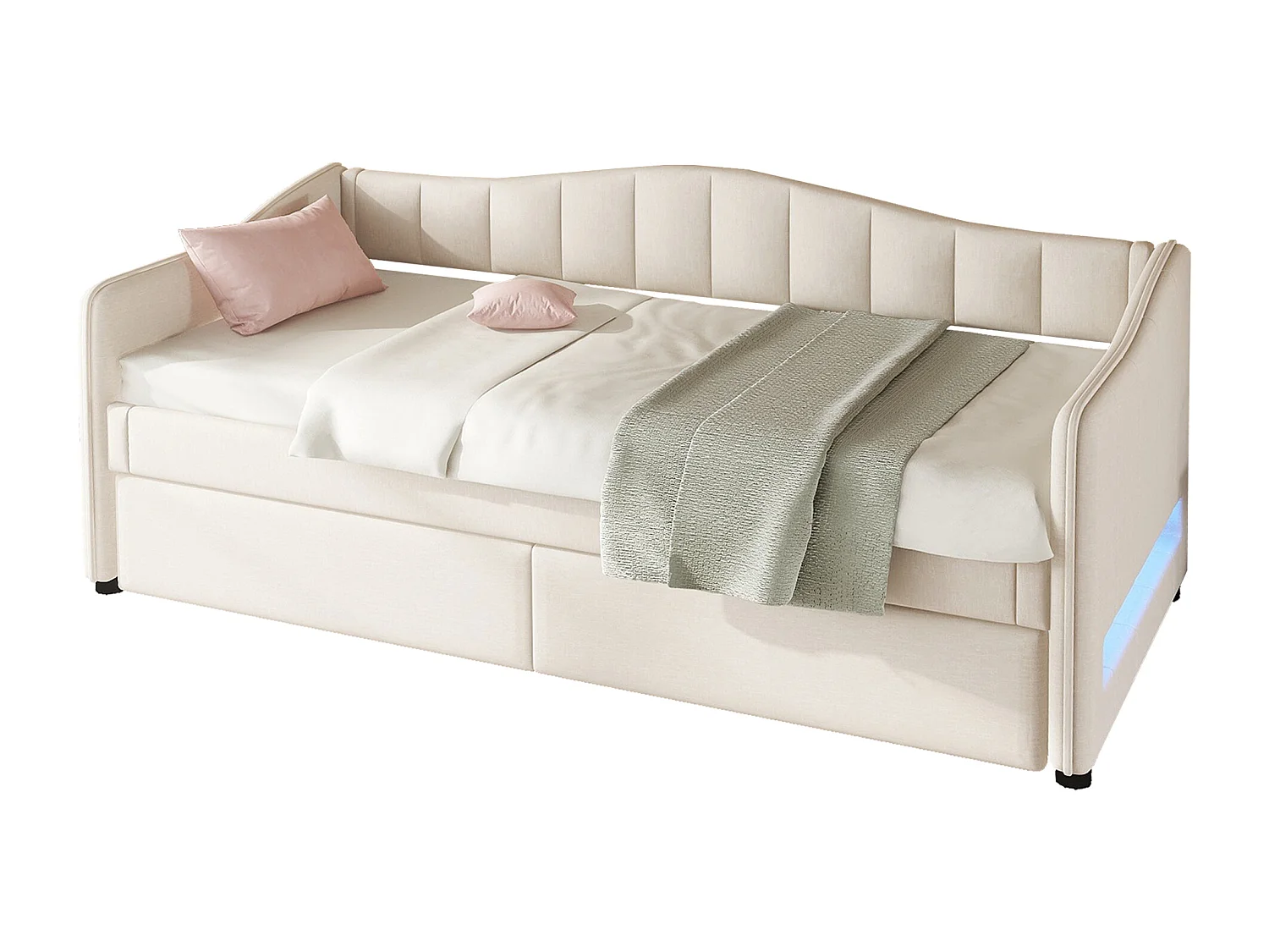 90x200cm bedbank met LED + 90x190cm onderschuifbed - bekleed met linnenstof - Beige (matras niet inbegrepen)