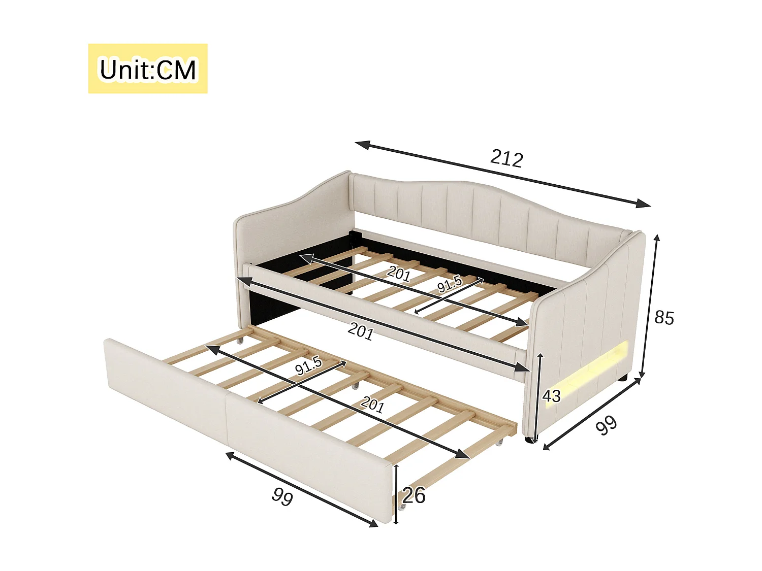 Diván cama con LED 90x200cm + cama nido 90x190cm - tapizado en tela de lino - Beige (colchón no incluido)