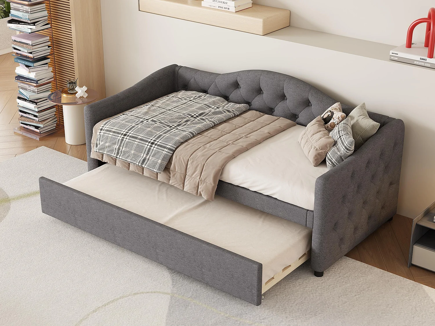 Lit banquette 90x200cm + lit gigogne 90x190cm - capitonné en tissu lin - Gris (matelas non inclus)