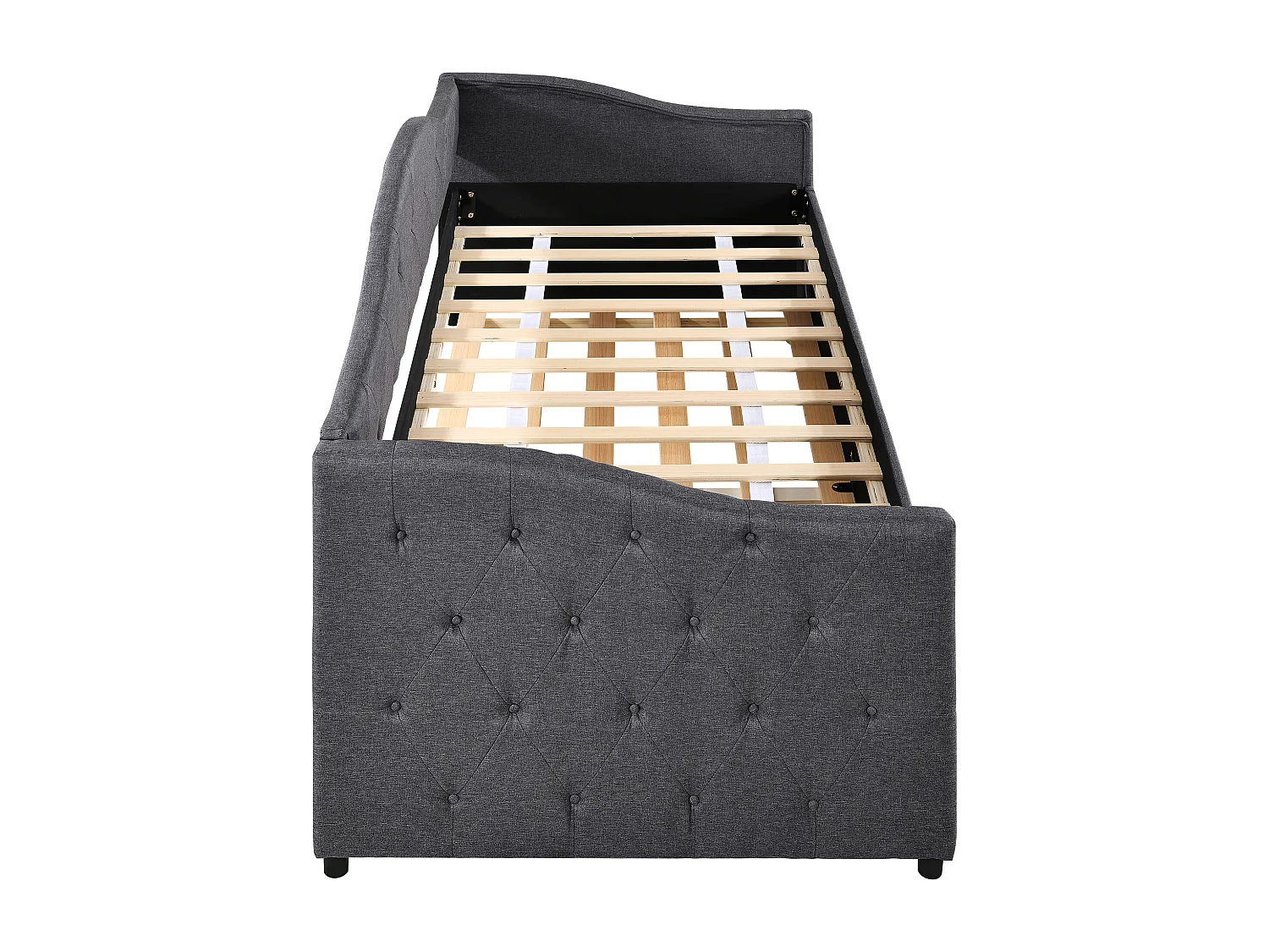 Lit banquette 90x200cm + lit gigogne 90x190cm - capitonné en tissu lin - Gris (matelas non inclus)