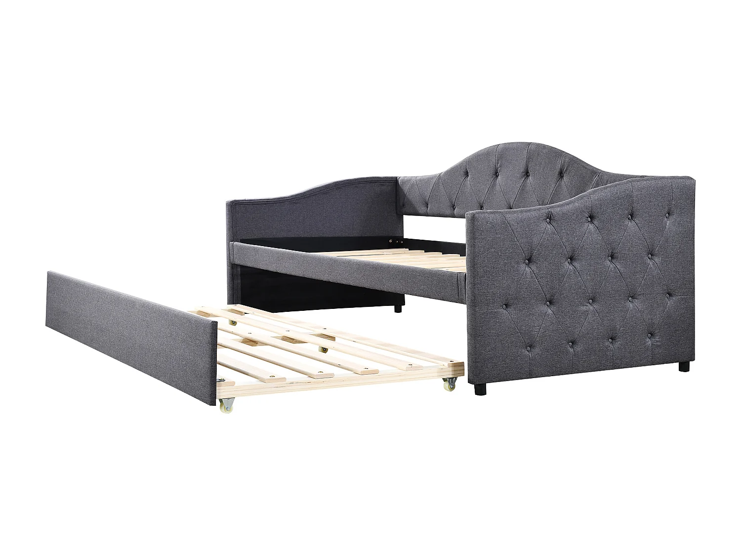 Lit banquette 90x200cm + lit gigogne 90x190cm - capitonné en tissu lin - Gris (matelas non inclus)