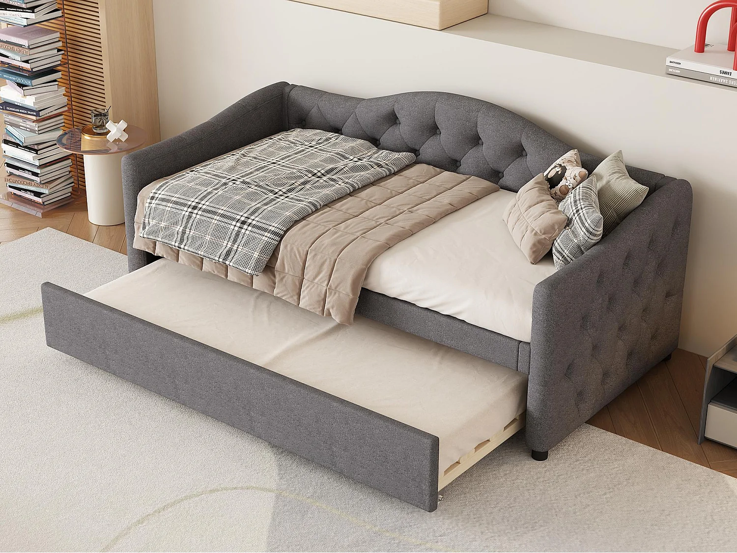 Lit banquette 90x200cm + lit gigogne 90x190cm - capitonné en tissu lin - Gris (matelas non inclus)