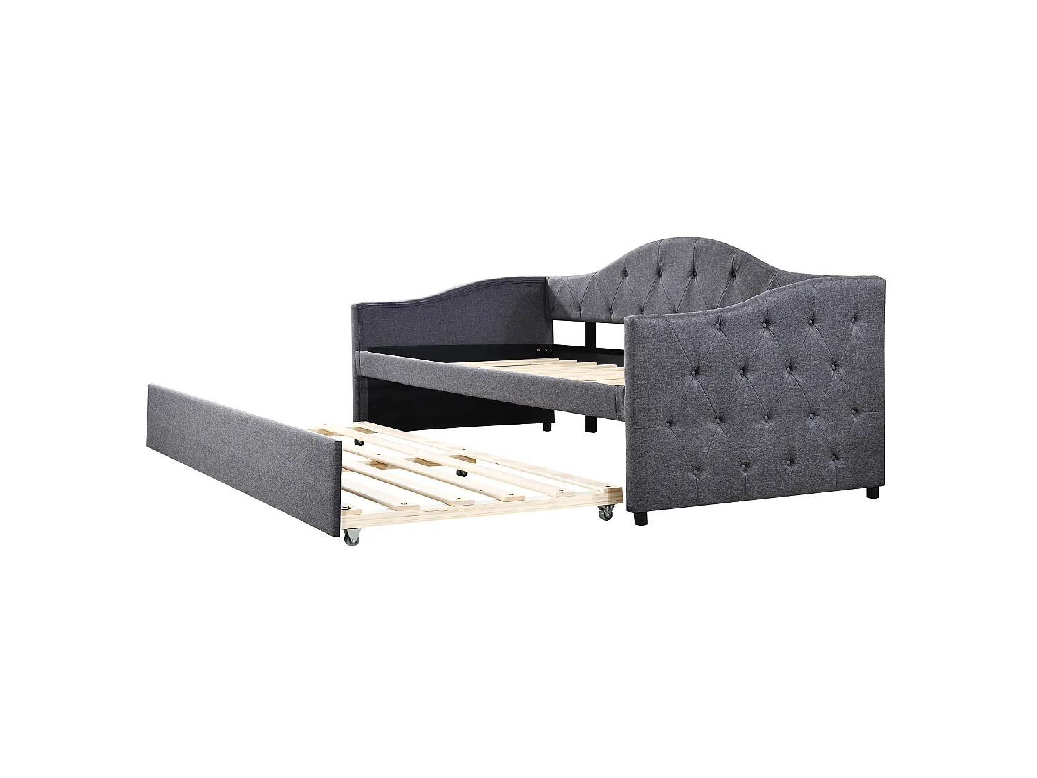 Lit banquette 90x200cm + lit gigogne 90x190cm - capitonné en tissu lin - Gris (matelas non inclus)