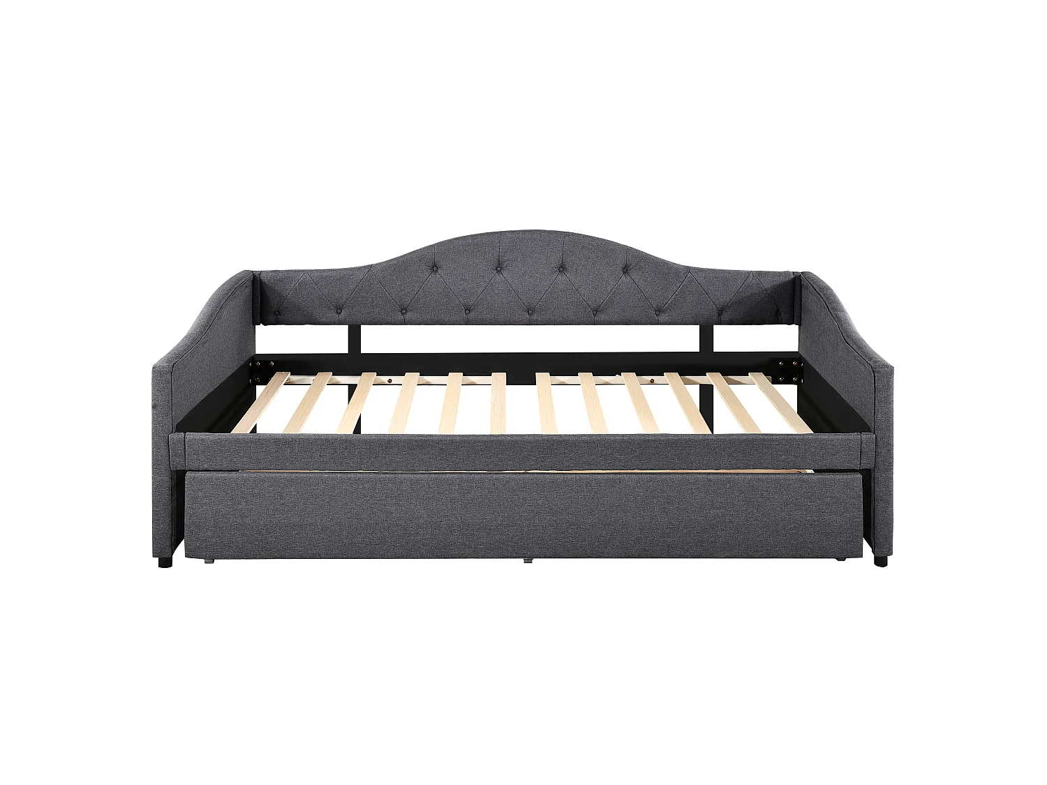 Lit banquette 90x200cm + lit gigogne 90x190cm - capitonné en tissu lin - Gris (matelas non inclus)