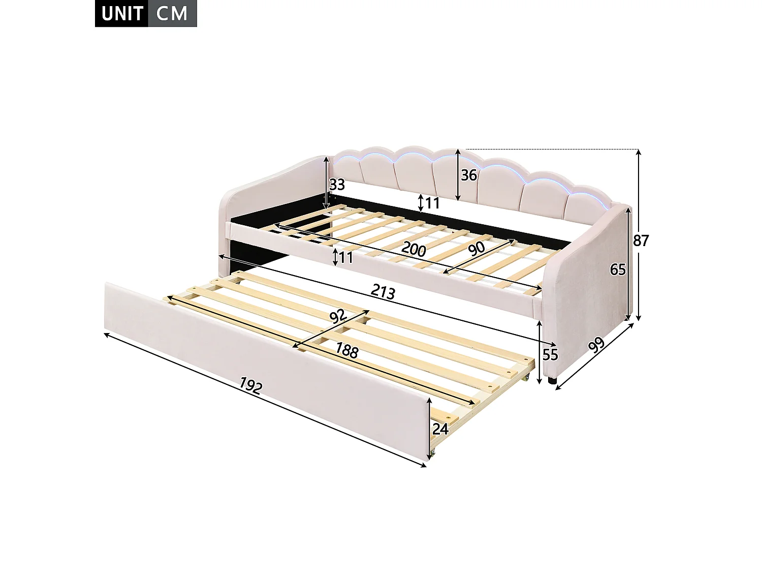 90 x 200 cm großes Tagesbett mit LED + 90 x 190 cm großes Ausziehbett – mit Samtstoff gepolstert – Rosa (Matratze nicht im Lieferumfang enthalten)