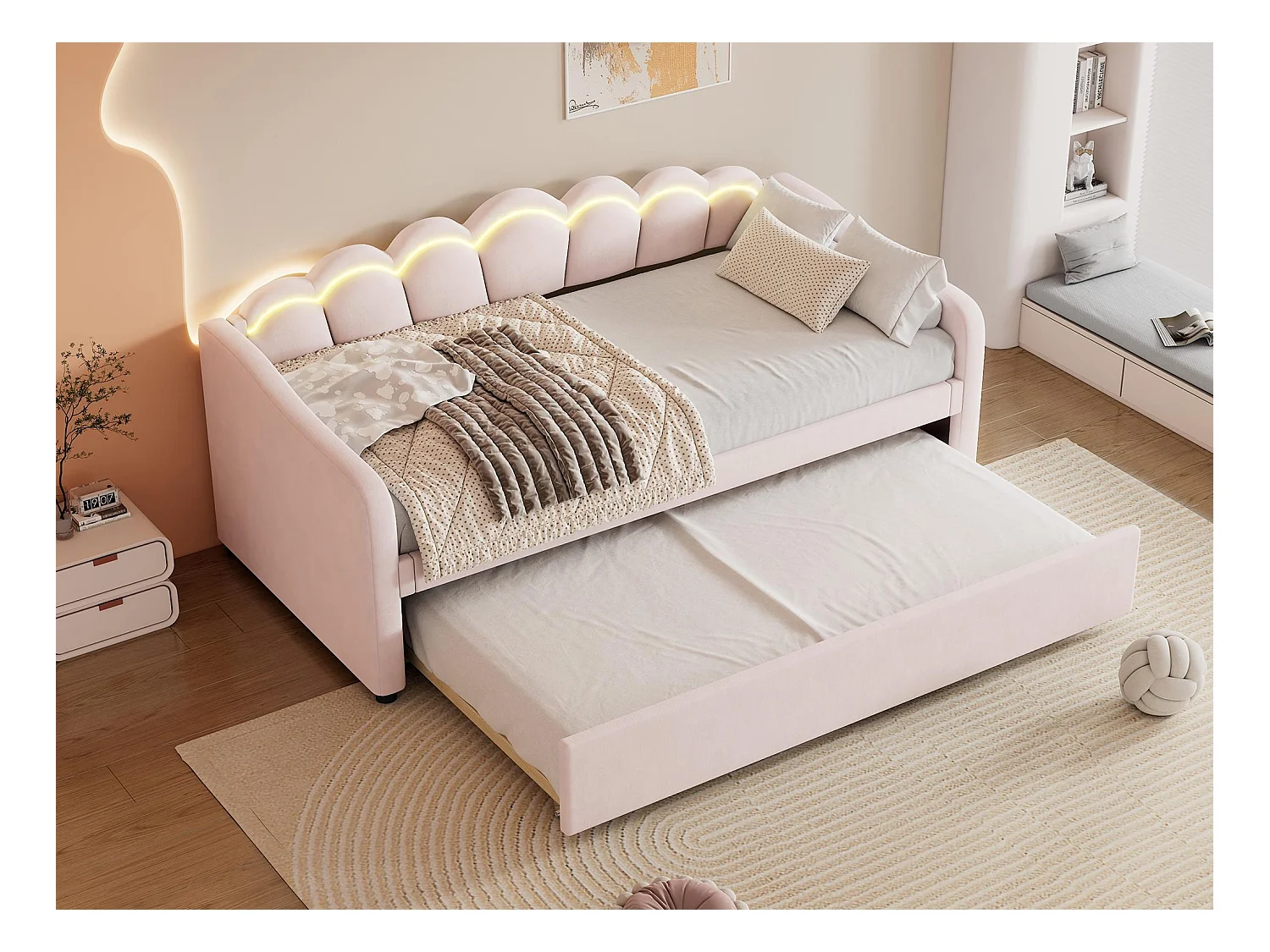 Łóżko banquette 90x200cm z LED + łóżko wysuwane 90x190cm - tapicerowane tkaniną welurową - Różowe (materac nie jest w zestawie)