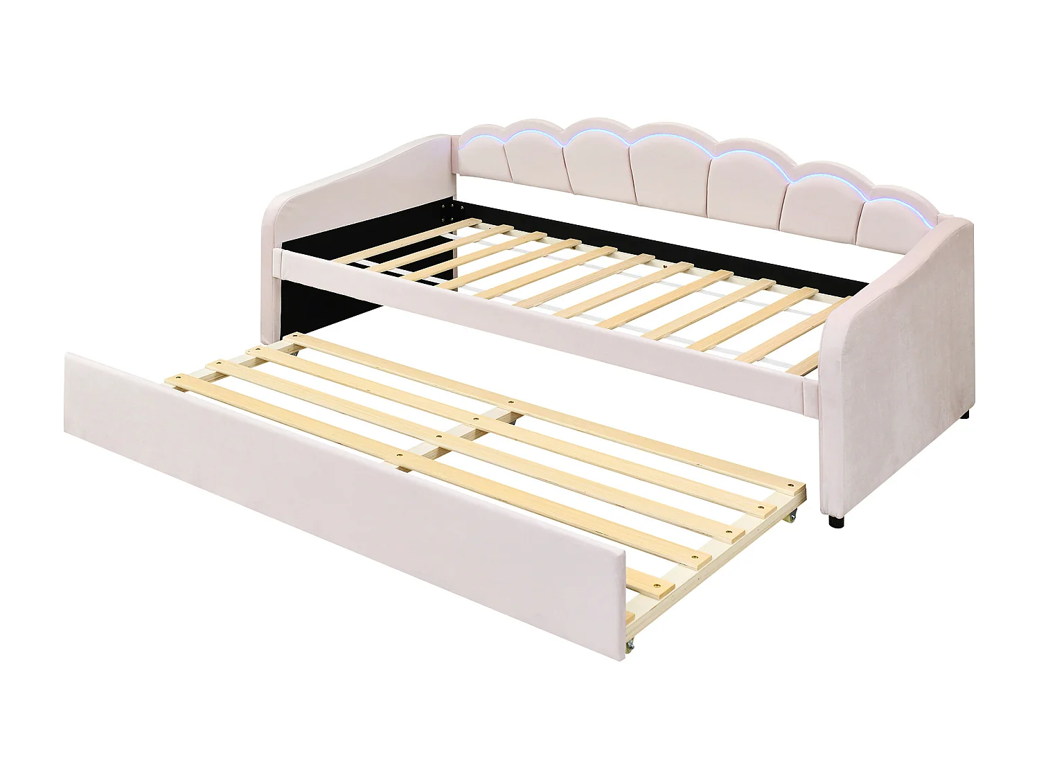 Diván cama con LED 90x200cm + cama nido 90x190cm - tapizado en tela terciopelo - Rosa (colchón no incluido)