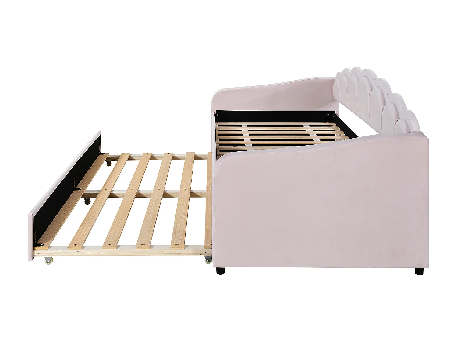 Diván cama con LED 90x200cm + cama nido 90x190cm - tapizado en tela terciopelo - Rosa (colchón no incluido)