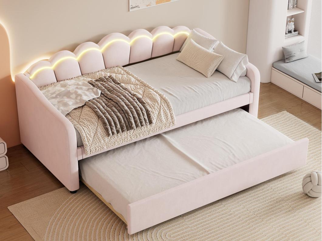 90x200cm bedbank met LED + 90x190cm onderschuifbed - bekleed met fluwelen stof - Roze (matras niet inbegrepen)