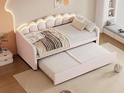 90x200cm bedbank met LED + 90x190cm onderschuifbed - bekleed met fluwelen stof - Roze (matras niet inbegrepen)