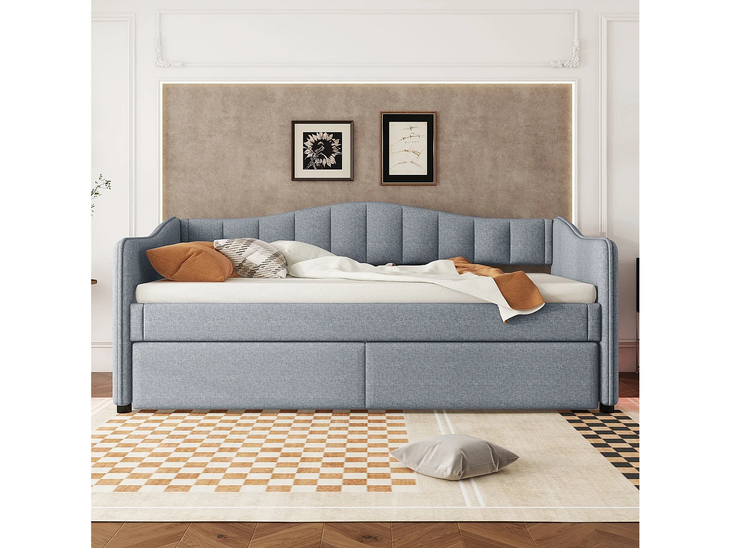 Lit banquette 90x200cm avec LED + lit gigogne 90x190cm - rembourré en tissu lin - Gris (matelas non inclus)
