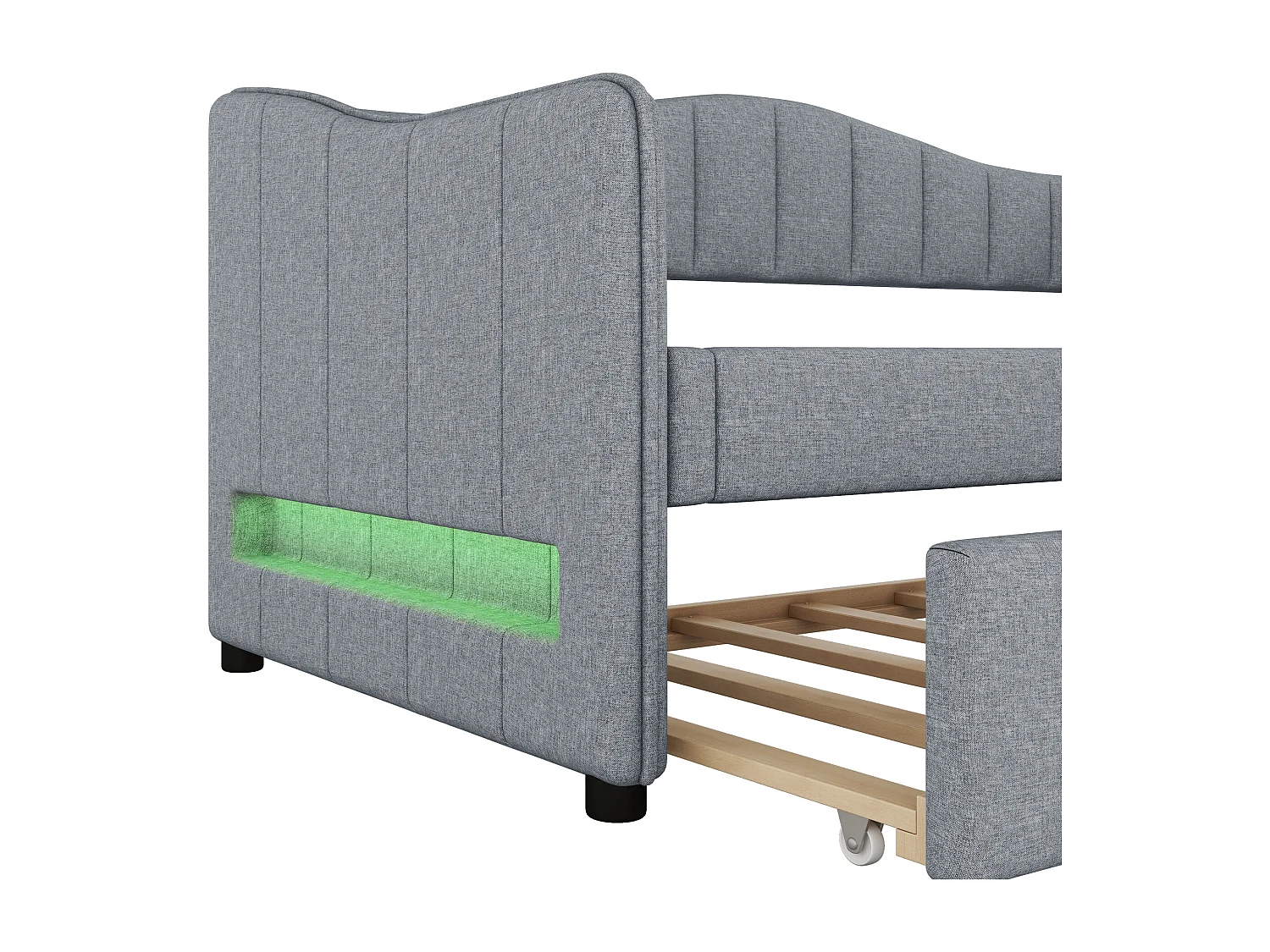 Lit banquette 90x200cm avec LED + lit gigogne 90x190cm - rembourré en tissu lin - Gris (matelas non inclus)