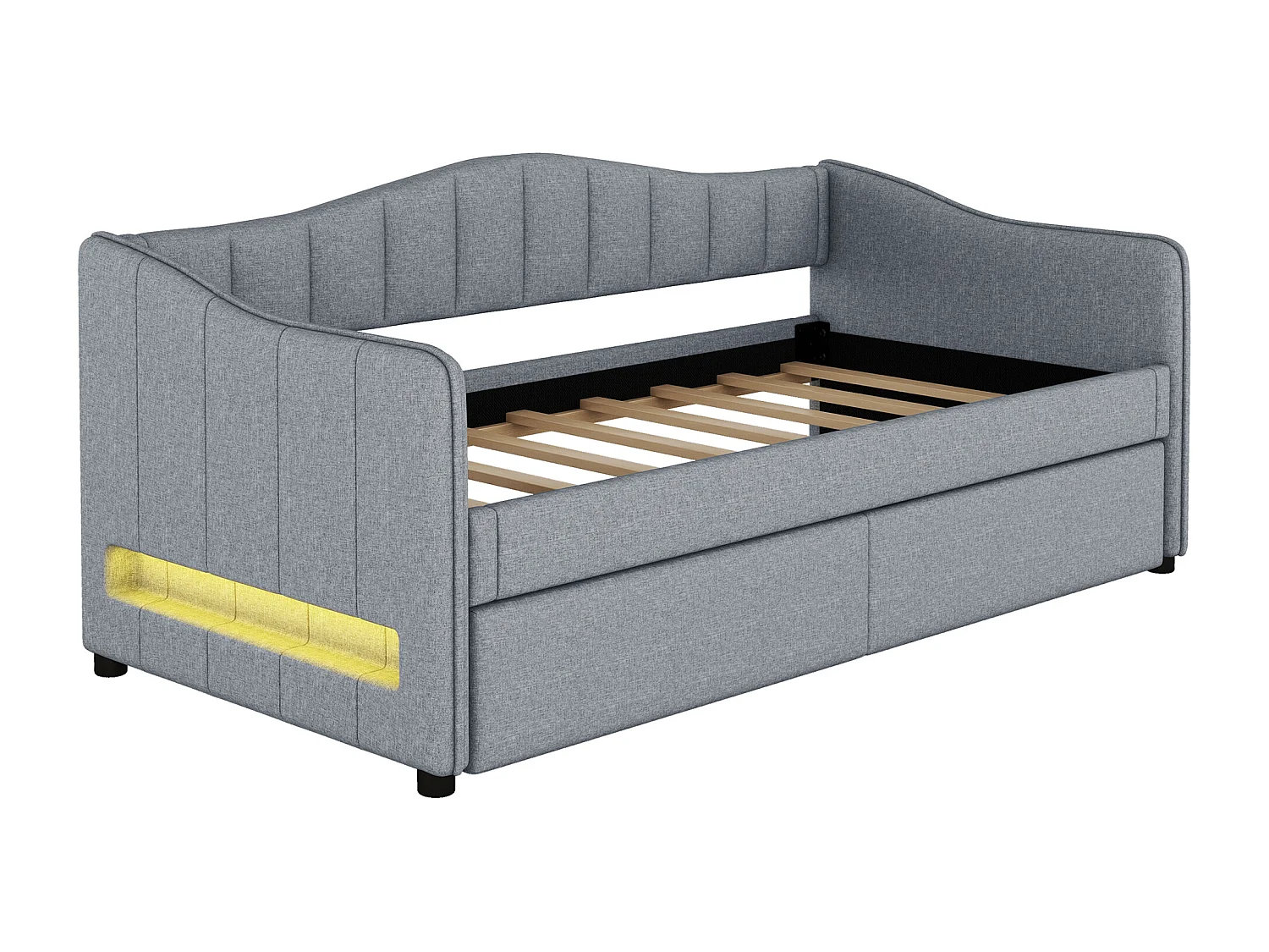 Lit banquette 90x200cm avec LED + lit gigogne 90x190cm - rembourré en tissu lin - Gris (matelas non inclus)