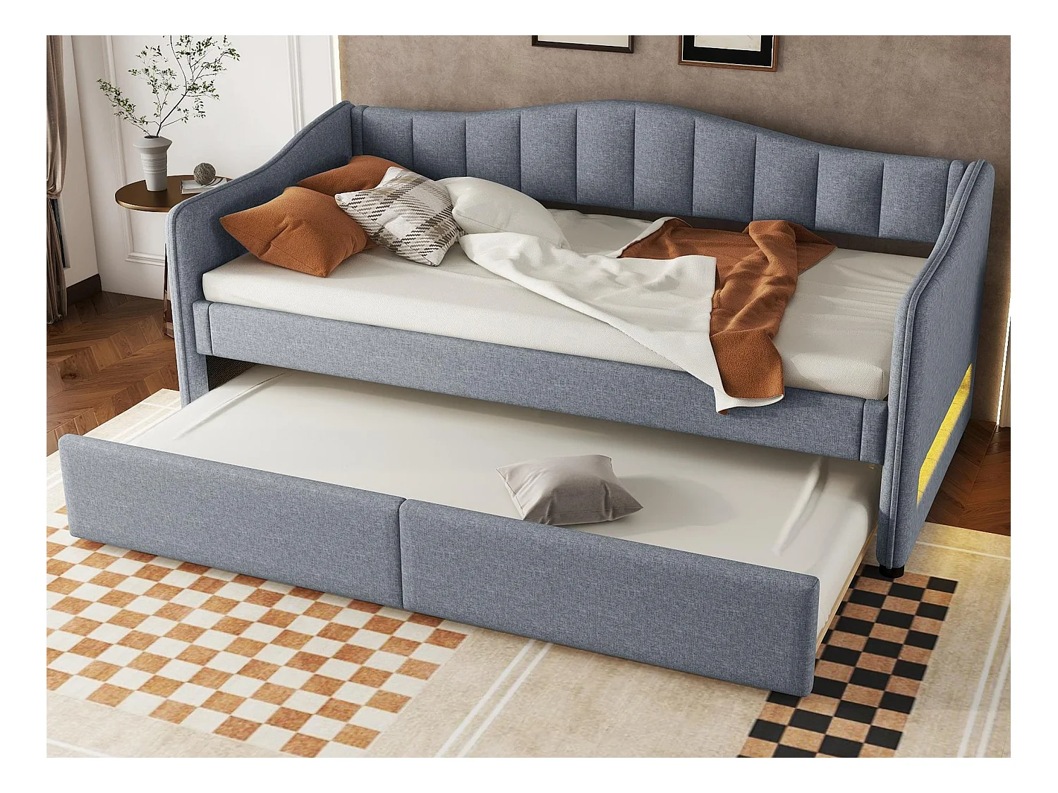 90x200cm bedbank met LED + 90x190cm onderschuifbed - bekleed met linnenstof - Grijs (matras niet inbegrepen)