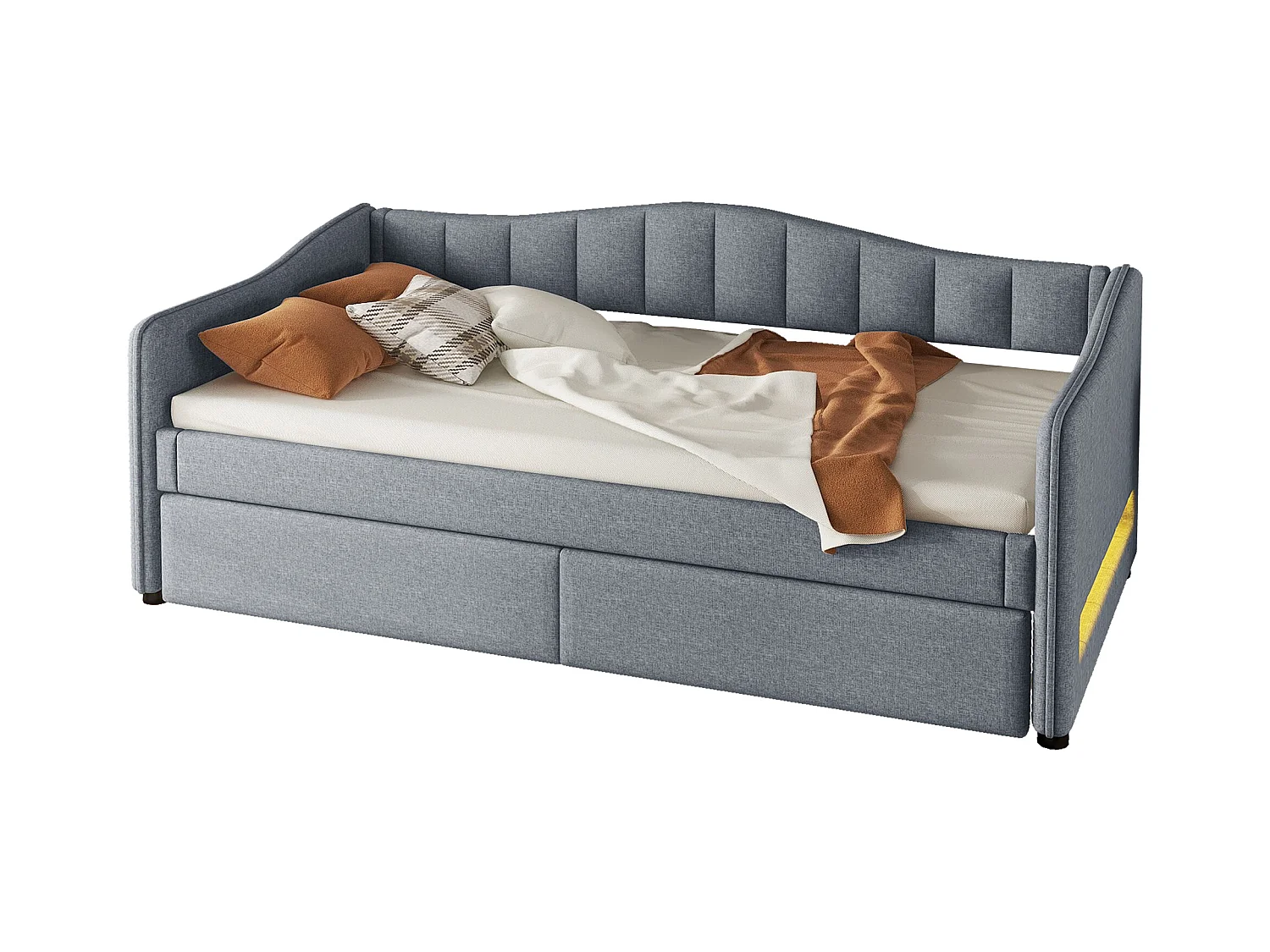 90 x 200 cm großes Tagesbett mit LED + 90 x 190 cm großes Ausziehbett – gepolstert mit Leinenstoff – Grau (Matratze nicht im Lieferumfang enthalten)