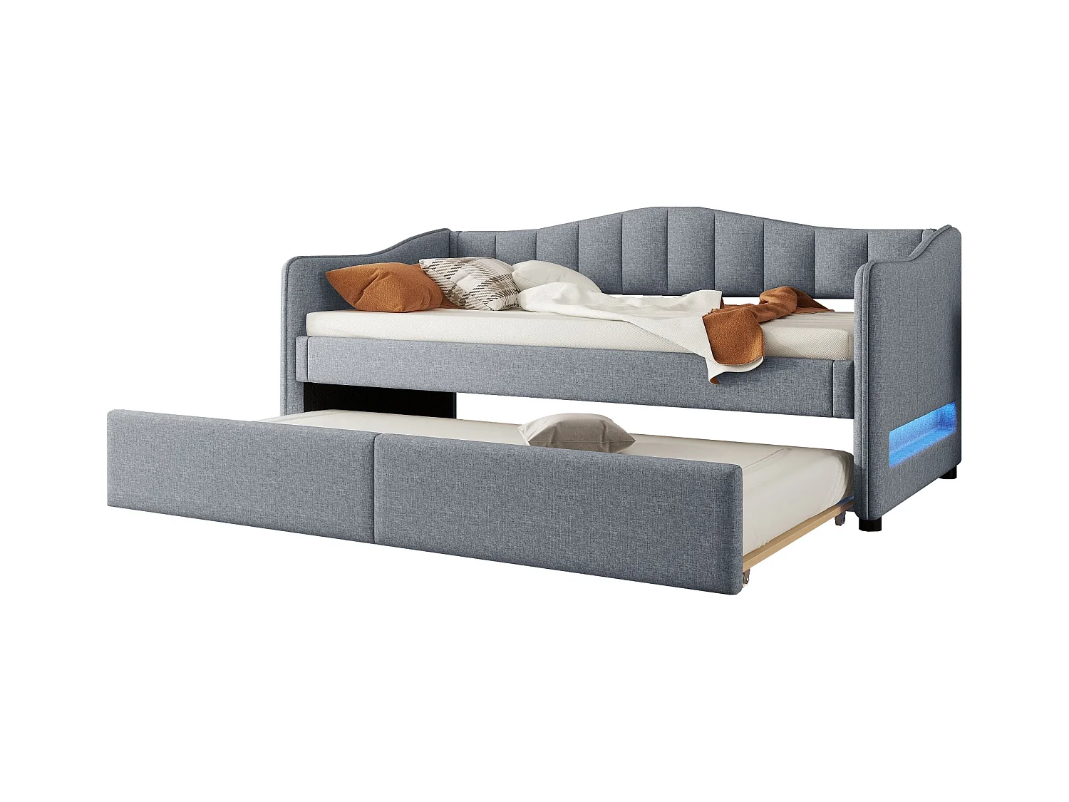 90 x 200 cm großes Tagesbett mit LED + 90 x 190 cm großes Ausziehbett – gepolstert mit Leinenstoff – Grau (Matratze nicht im Lieferumfang enthalten)