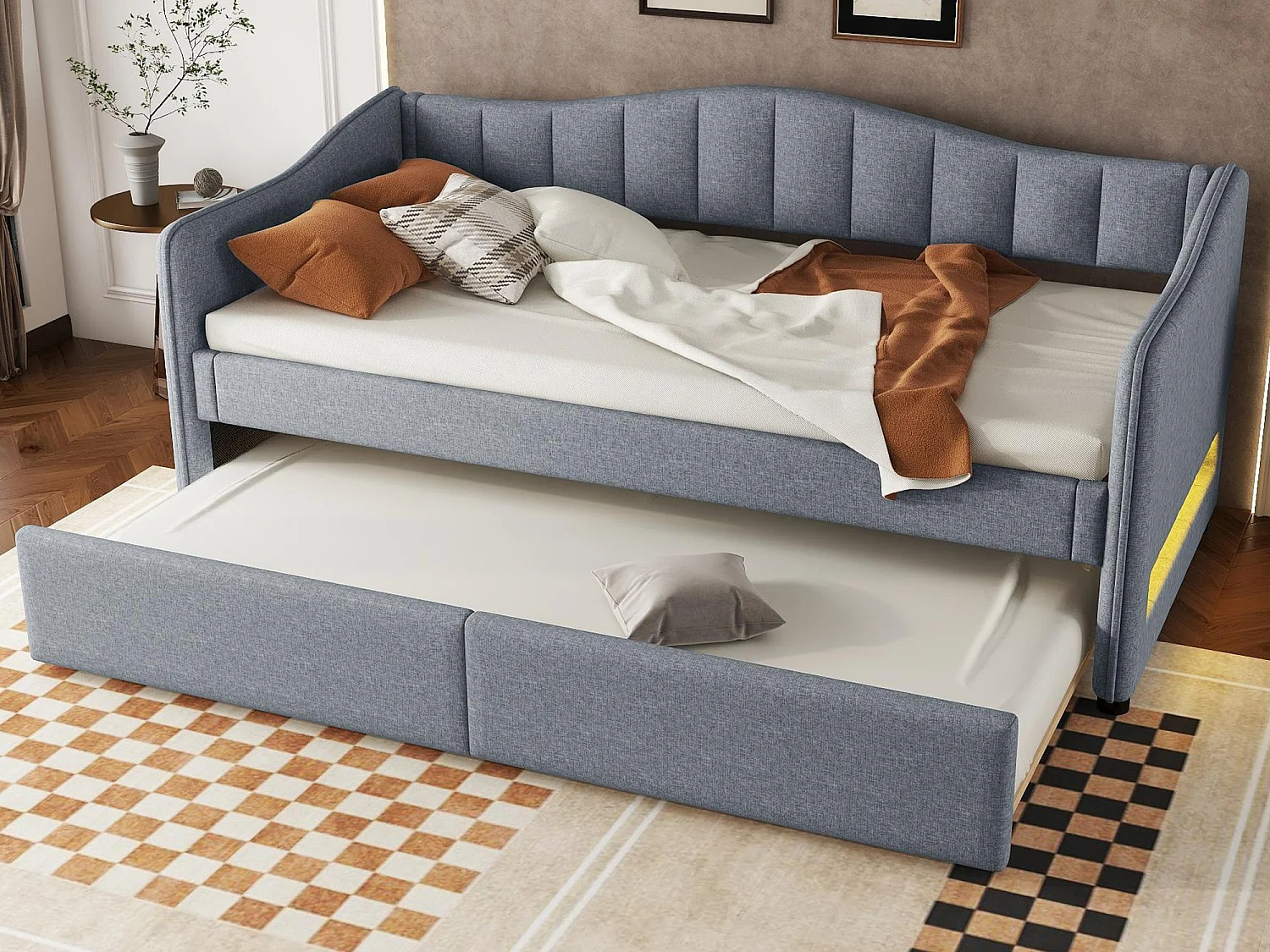 Lit banquette 90x200cm avec LED + lit gigogne 90x190cm - rembourré en tissu lin - Gris (matelas non inclus)