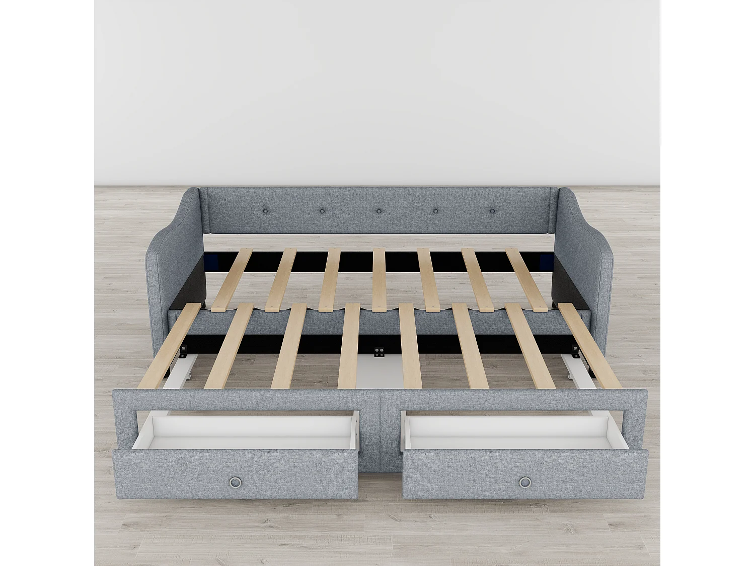 Cama nido 90/180x200cm con 2 cajones - tejido lino - Gris (colchón no incluido)