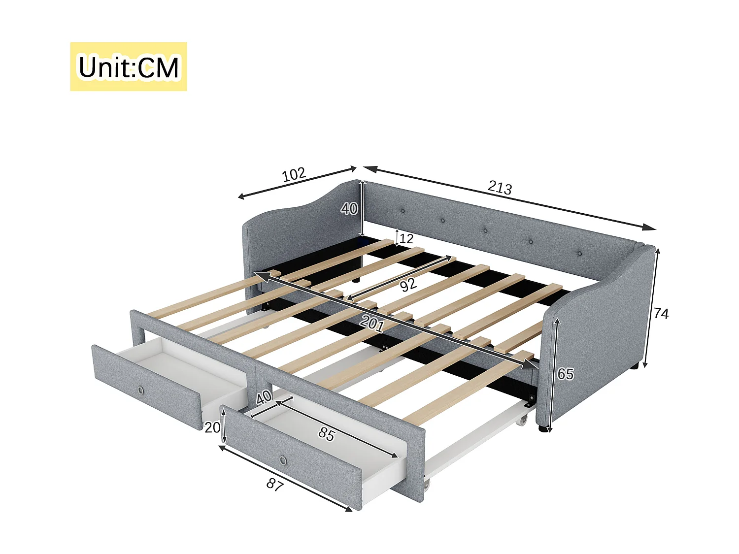 Lit gigogne 90/180x200cm avec 2 tiroirs - tissu en lin - Gris (matelas non inclus)