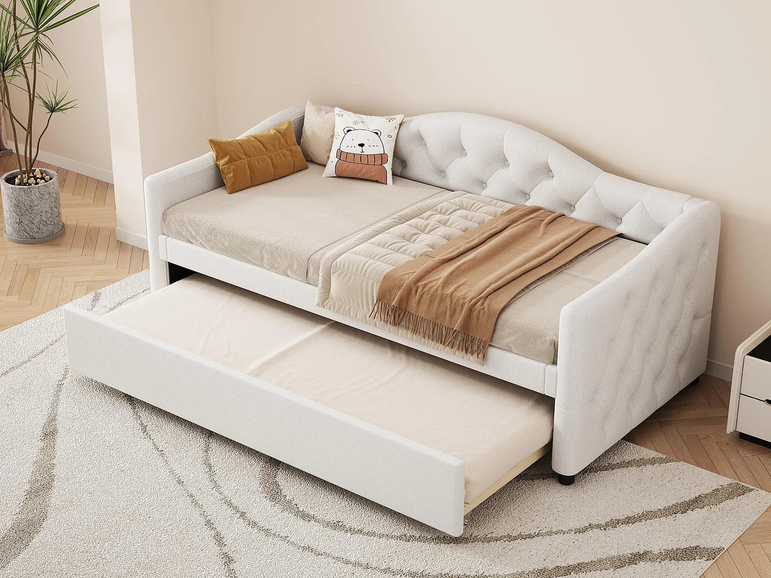 Lit banquette 90x200cm + lit gigogne 90x190cm - capitonné en tissu lin - Beige (matelas non inclus)