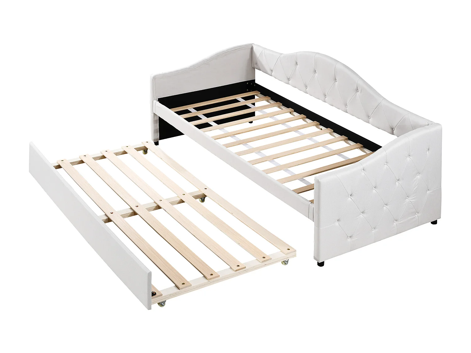 Lit banquette 90x200cm + lit gigogne 90x190cm - capitonné en tissu lin - Beige (matelas non inclus)