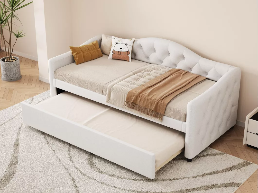 Kauf Unique Tagesbett 90 x 200 cm + Ausziehbett 90 x 190 cm – gepolstert mit Leinenstoff – Beige (Matratze nicht im Lieferumfang enthalten)