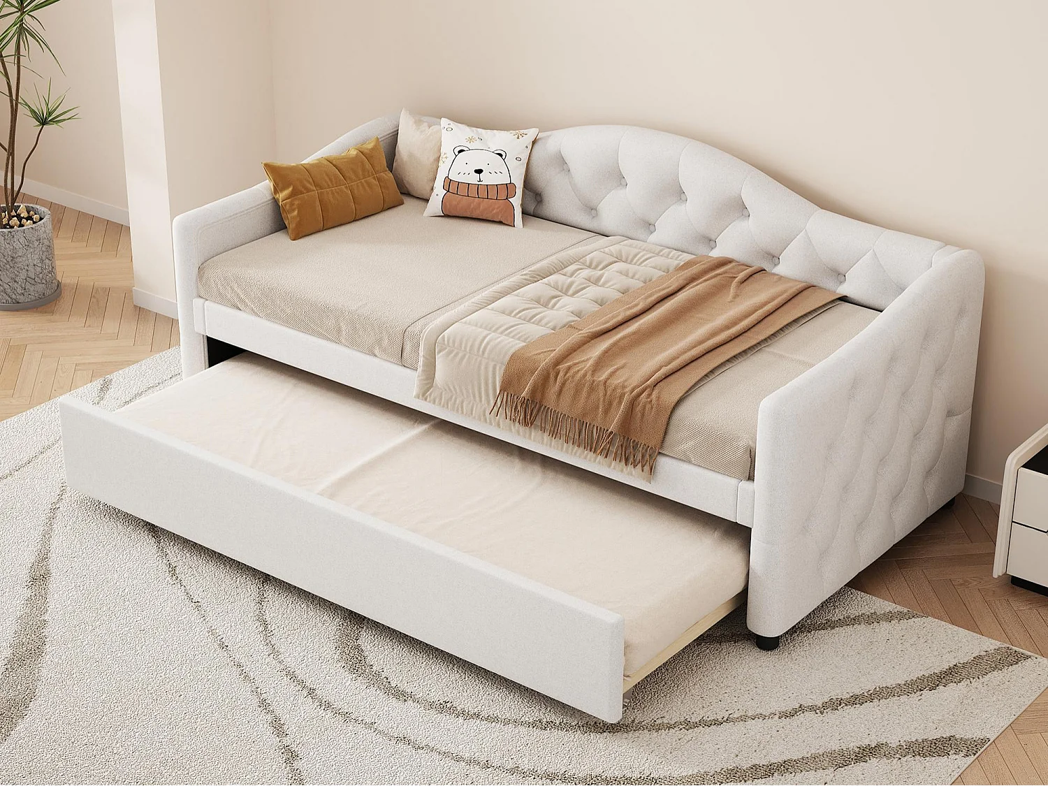 Lit banquette 90x200cm + lit gigogne 90x190cm - capitonné en tissu lin - Beige (matelas non inclus)