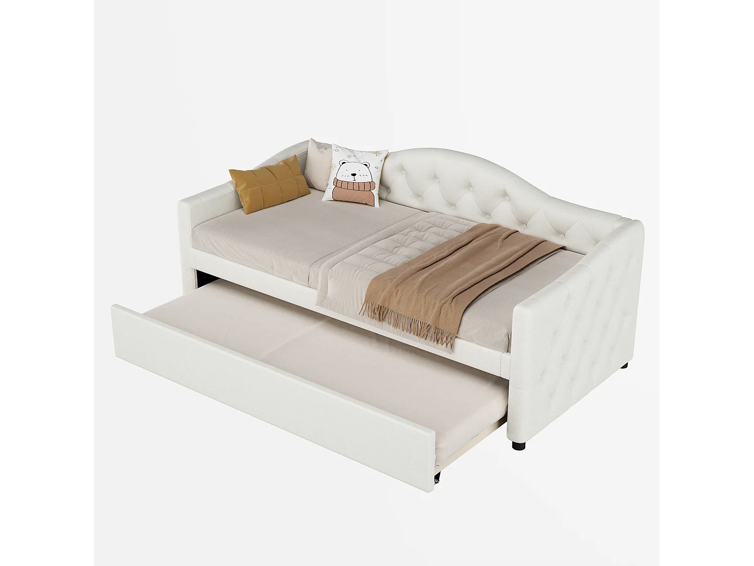 Lit banquette 90x200cm + lit gigogne 90x190cm - capitonné en tissu lin - Beige (matelas non inclus)
