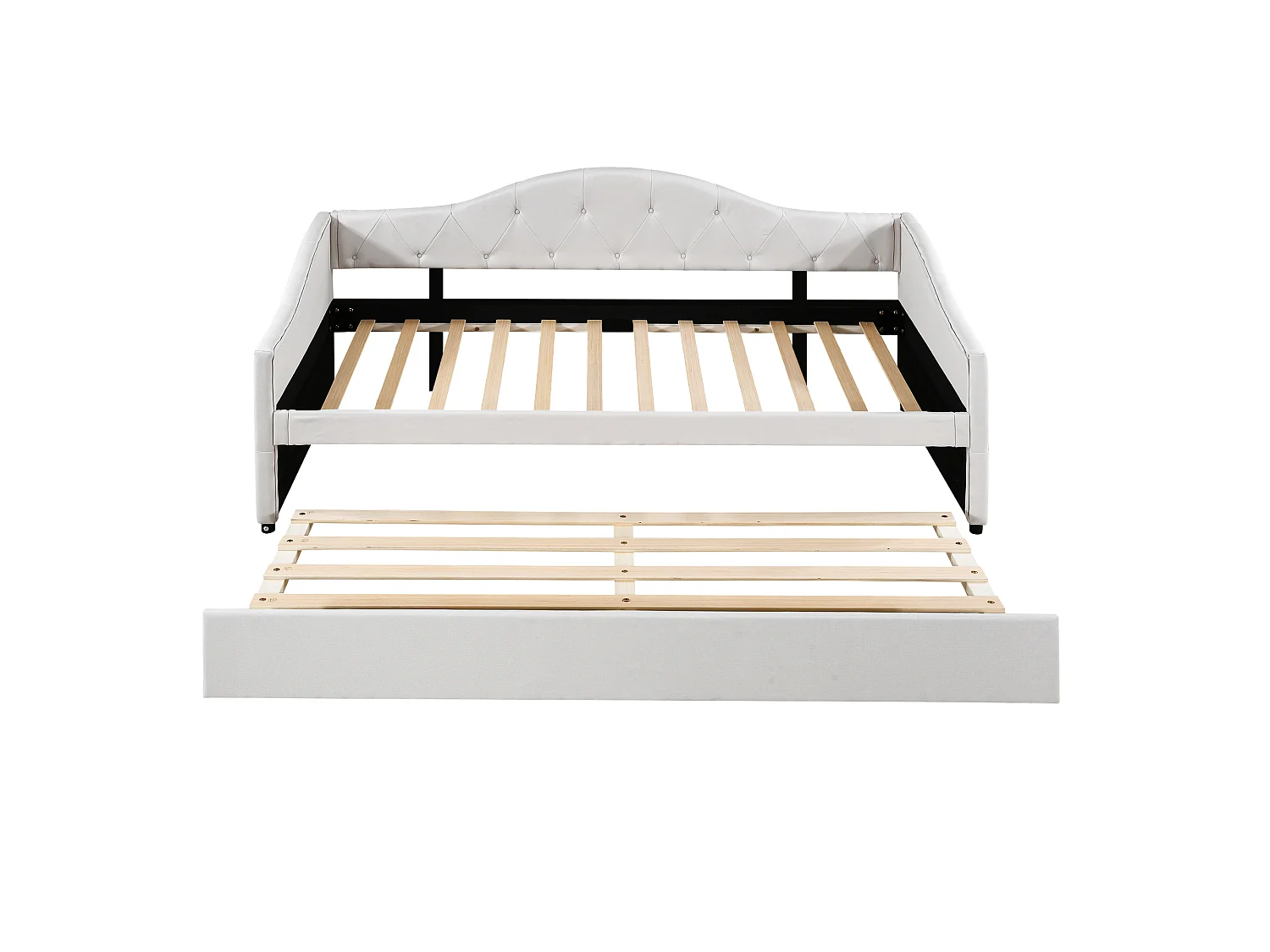 Lit banquette 90x200cm + lit gigogne 90x190cm - capitonné en tissu lin - Beige (matelas non inclus)