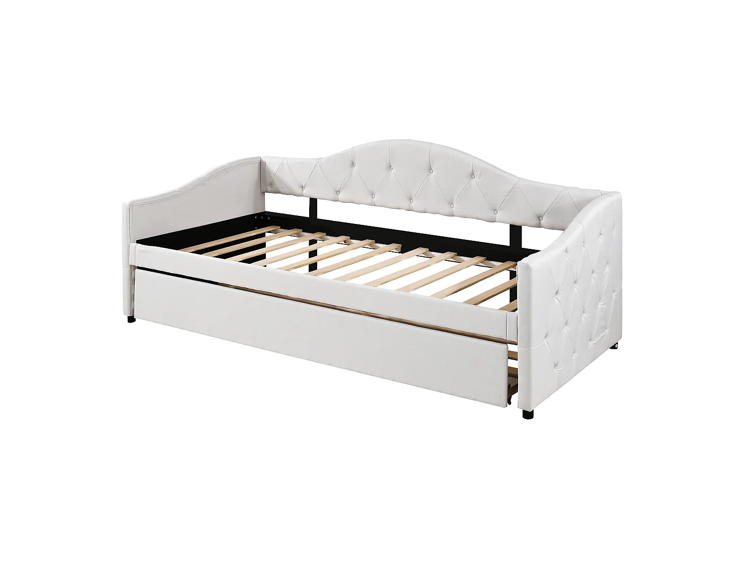 Lit banquette 90x200cm + lit gigogne 90x190cm - capitonné en tissu lin - Beige (matelas non inclus)
