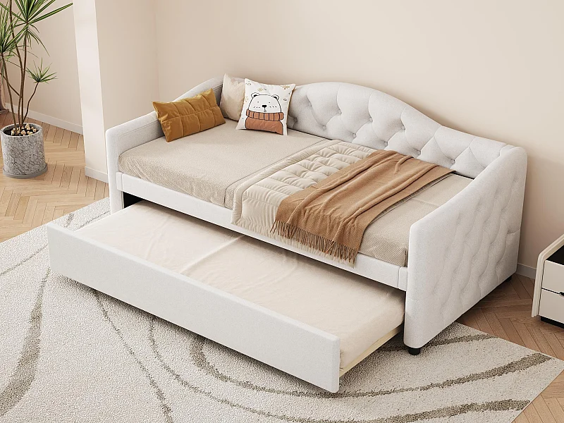 Daybed bed 90x200cm + onderschuifbed 90x190cm - opgevuld met linnen stof - Beige (matras niet inbegrepen)