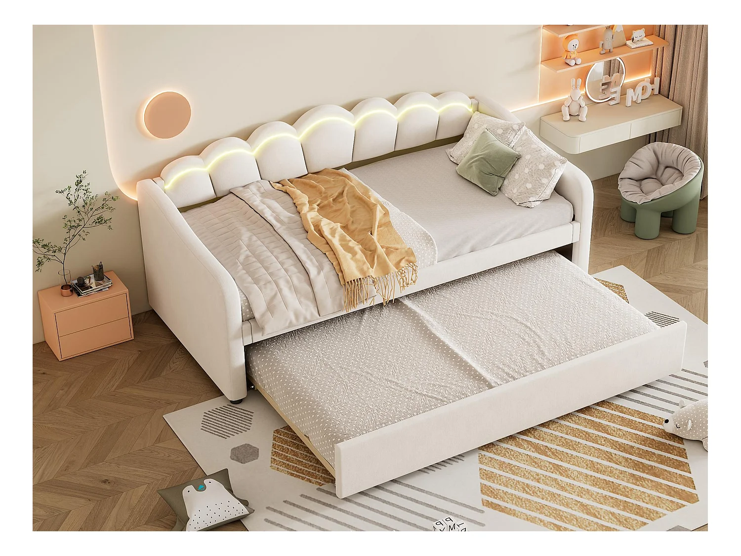 Lit banquette 90x200cm avec LED + lit gigogne 90x190cm - rembourré en tissu velours - Beige (matelas non inclus)
