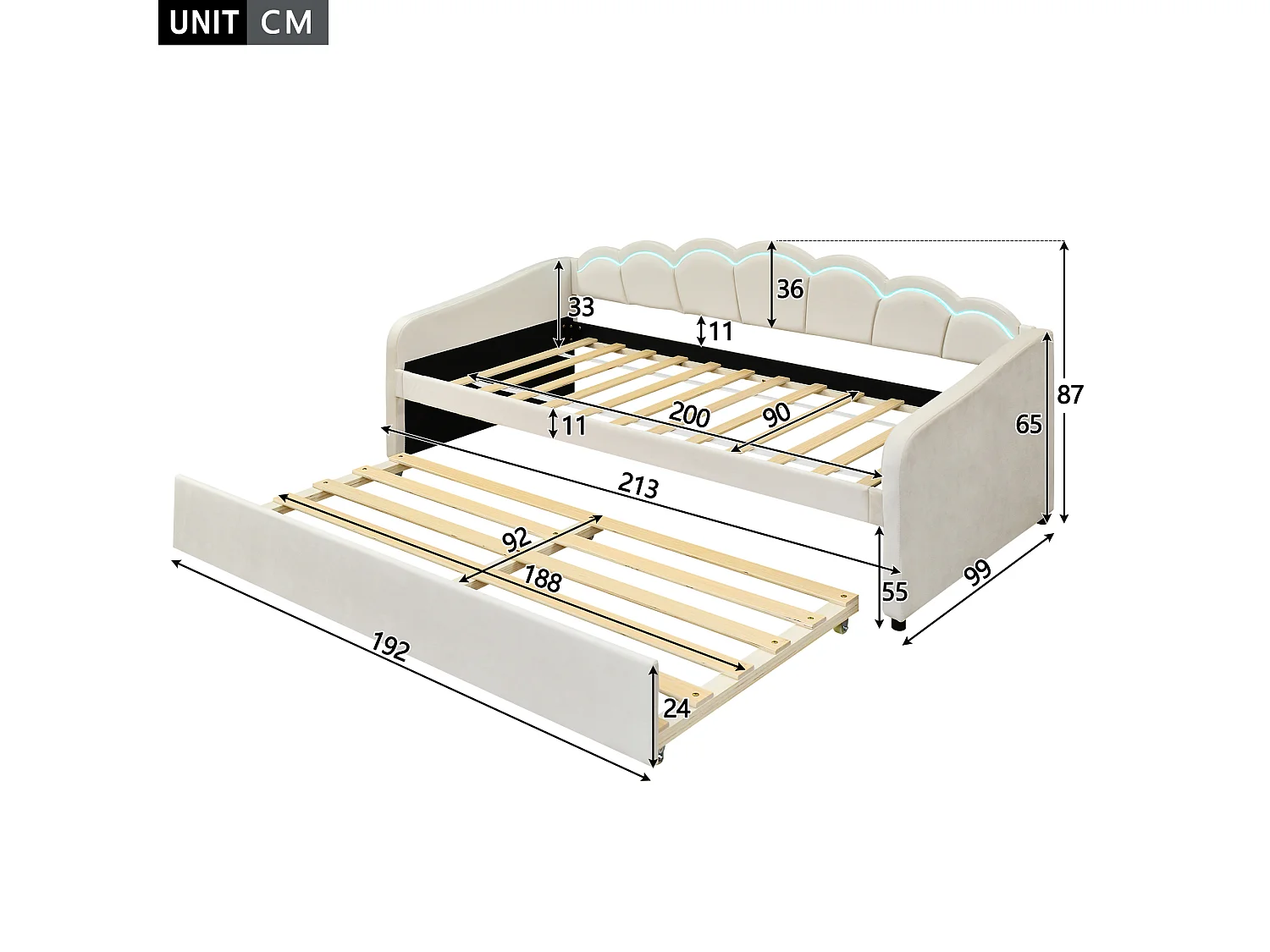 Diván cama con LED 90x200cm + cama nido 90x190cm - tapizado en tela terciopelo - Beige (colchón no incluido)