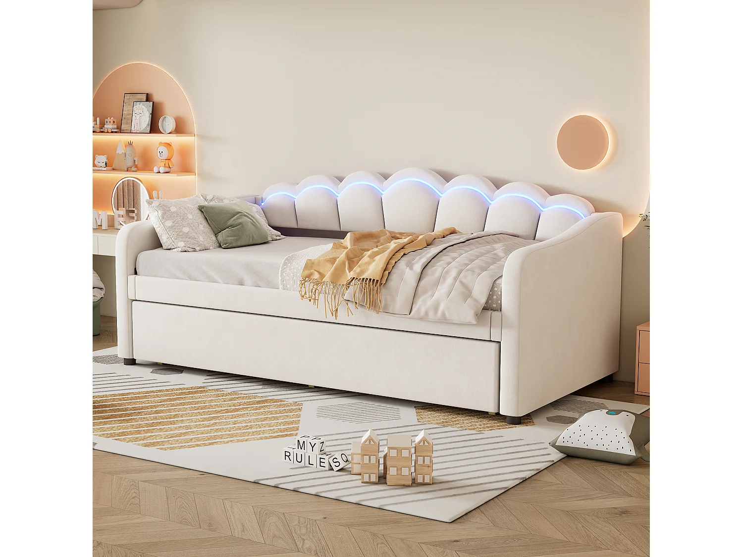 90x200cm bedbank met LED + 90x190cm onderschuifbed - bekleed met fluwelen stof - Beige (matras niet inbegrepen)