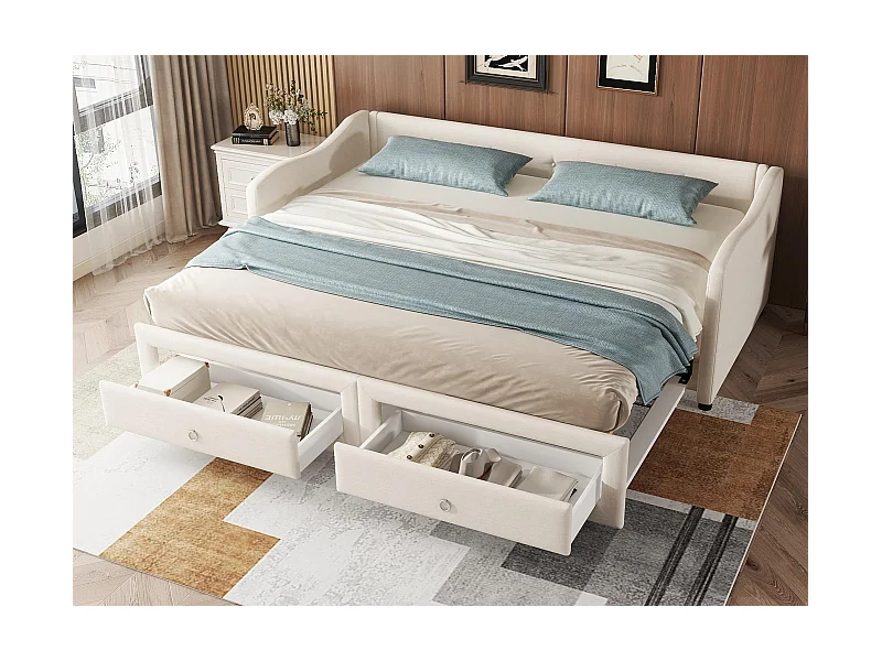 Ausziehbett 90/180x200cm mit 2 Schubladen – Leinenstoff – Beige (Matratze nicht im Lieferumfang enthalten)