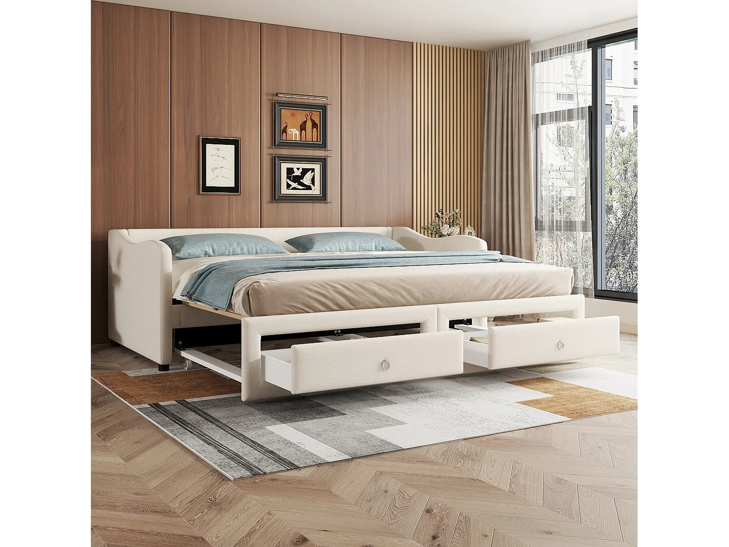 Ausziehbett 90/180x200cm mit 2 Schubladen – Leinenstoff – Beige (Matratze nicht im Lieferumfang enthalten)