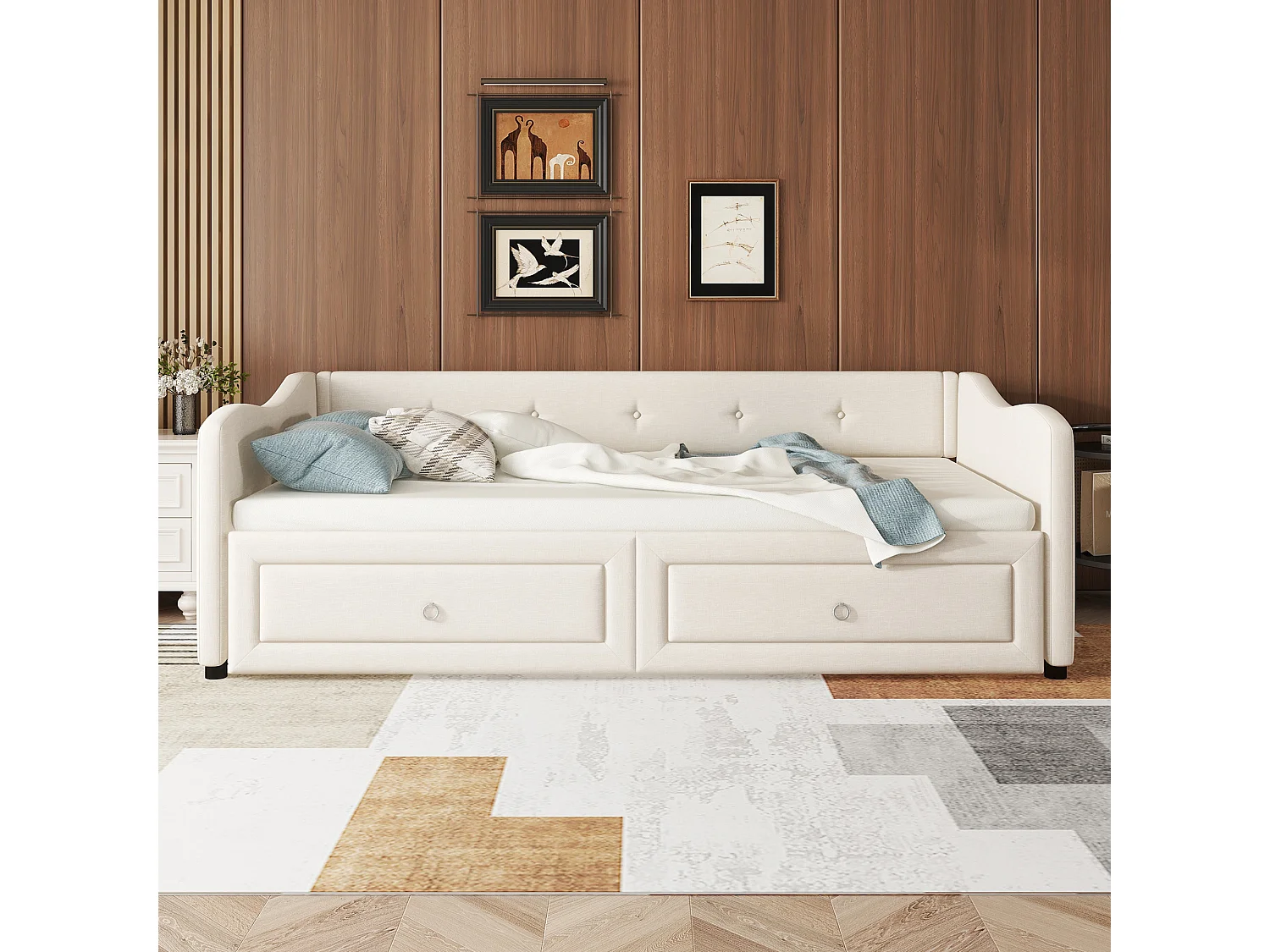 Ausziehbett 90/180x200cm mit 2 Schubladen – Leinenstoff – Beige (Matratze nicht im Lieferumfang enthalten)